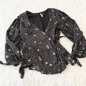 Topshop Black Floral Wrap Blouse